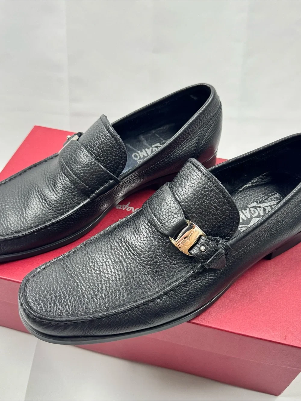 Salvatore Ferragamo Black Bravo Leather Men’s Slip-On Loafers with Metal Bit